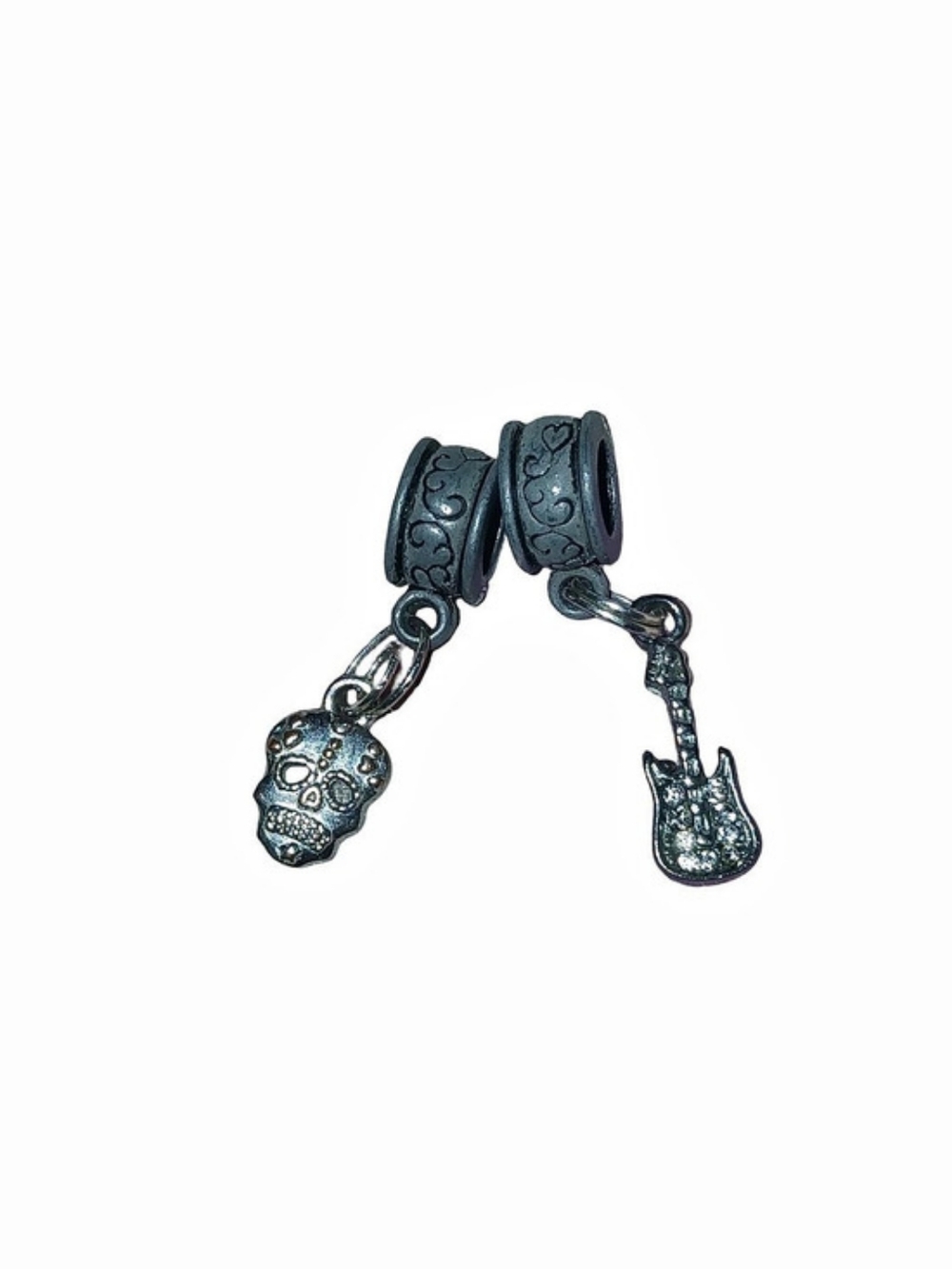 Vintage Skull & Guitar Charm Sterling Silver Compatible With Pandora Bracelet